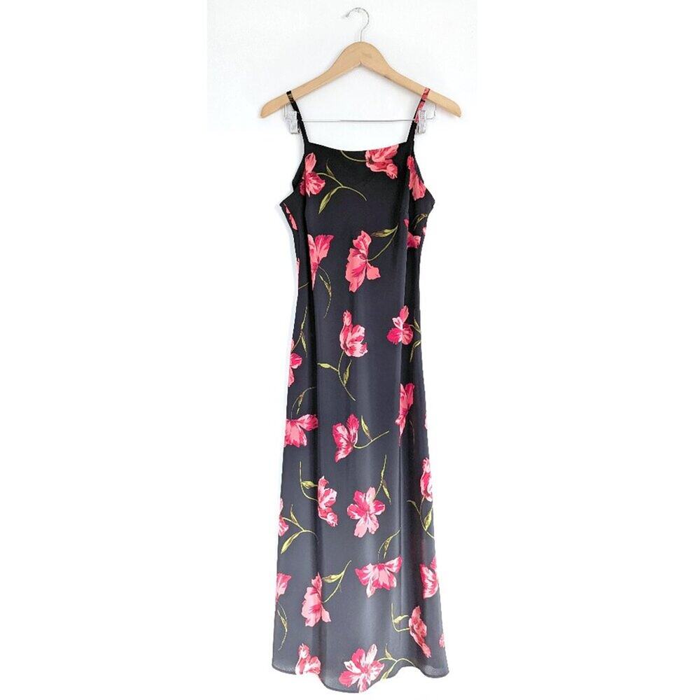Vintage Expressions So 90s Floral Slip Dress Black Pink 14 Grunge Goth Whimsy